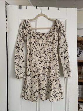 Abercrombie & Fitch Cream Bow-Print Long-Sleeve Mini Dress